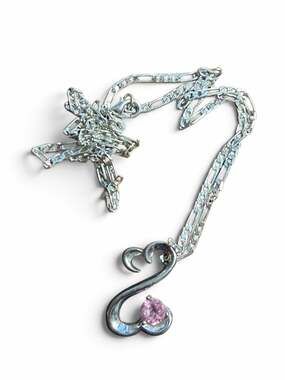 Sterling Silver Open Heart Pendant Necklace with Pink Gemstone Fashion Jewelry